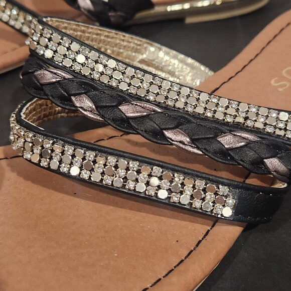 Venus Multicolored Bling Silver Black Rhinestone & Sequin Toe Loop Sandals Sz 7 - Picture 2 of 6